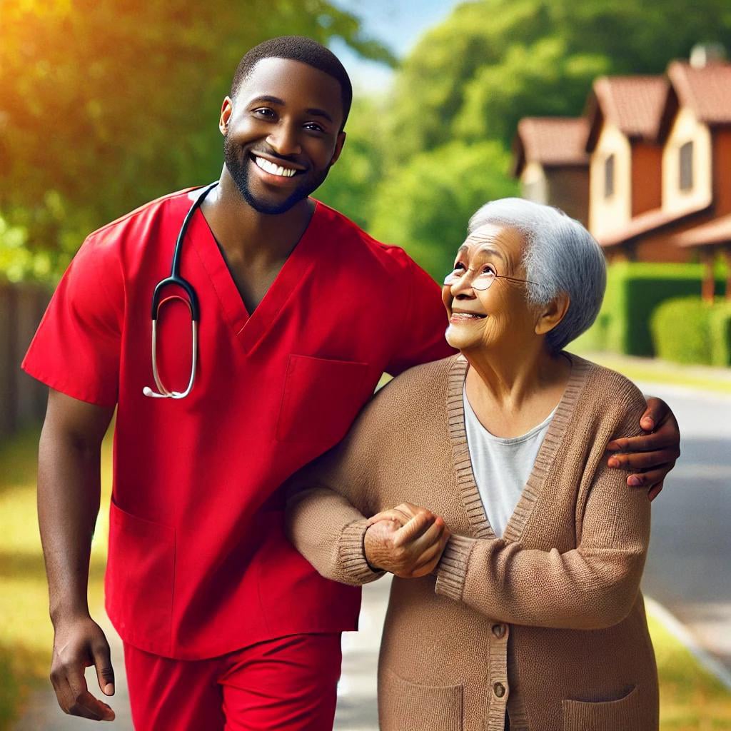 Healthcare worker in scrubs walking down the street with client