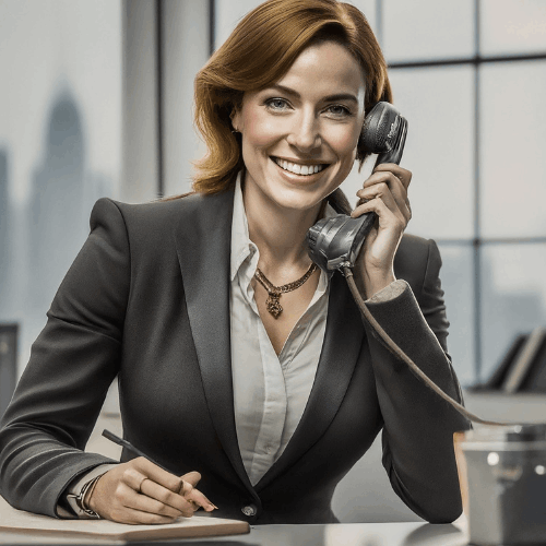 Smiling woman on the phone discussing homecare services with a potential client.